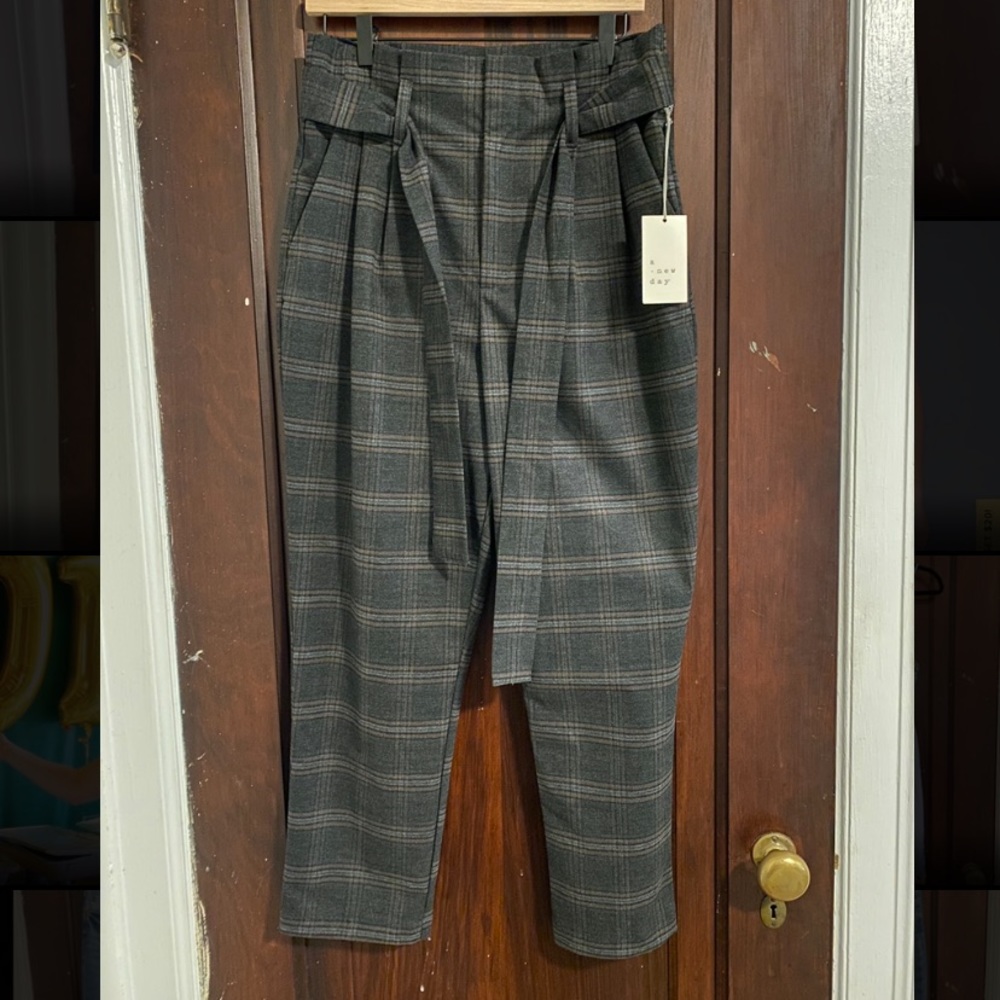 Charcoal Plaid High-Waist pant with Tie-belt